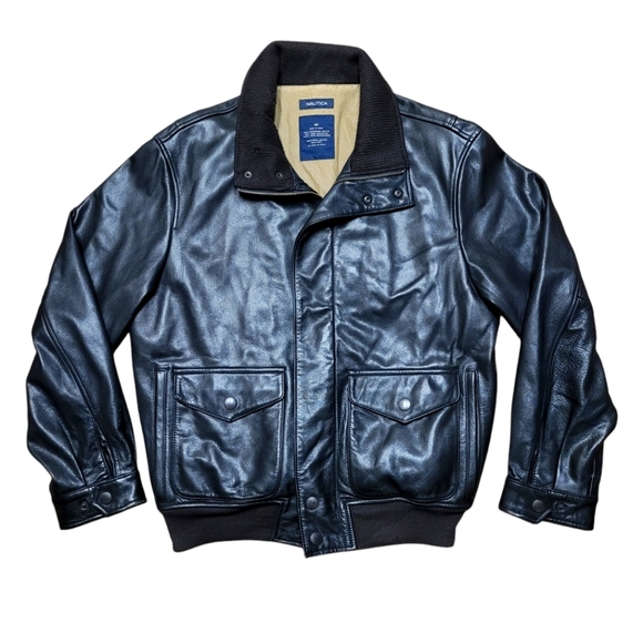 Nautica Genuine Dark Brown Leather Bomber Jacket Coat Full Zip Sz 